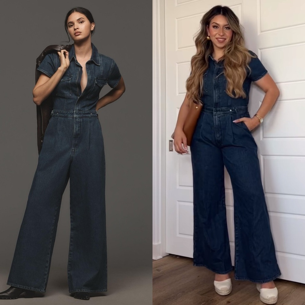 GOOD AMERICAN Fit For Success Pleated Wide Leg Denim Jumpsuit S